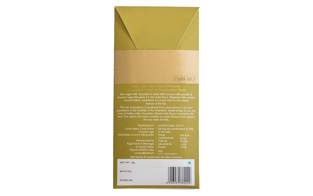Soklet 60% Coconut Milk Chocolate (Coconut Sugar, Roasted Coconut)   Box  50 grams